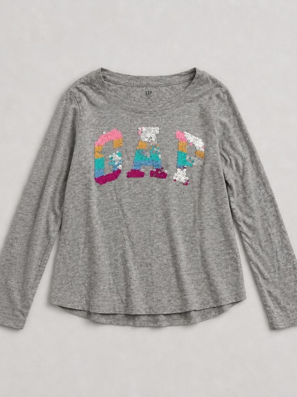 GAP Gray Long-Sleeve Tee with Multicolor Sequin Logo